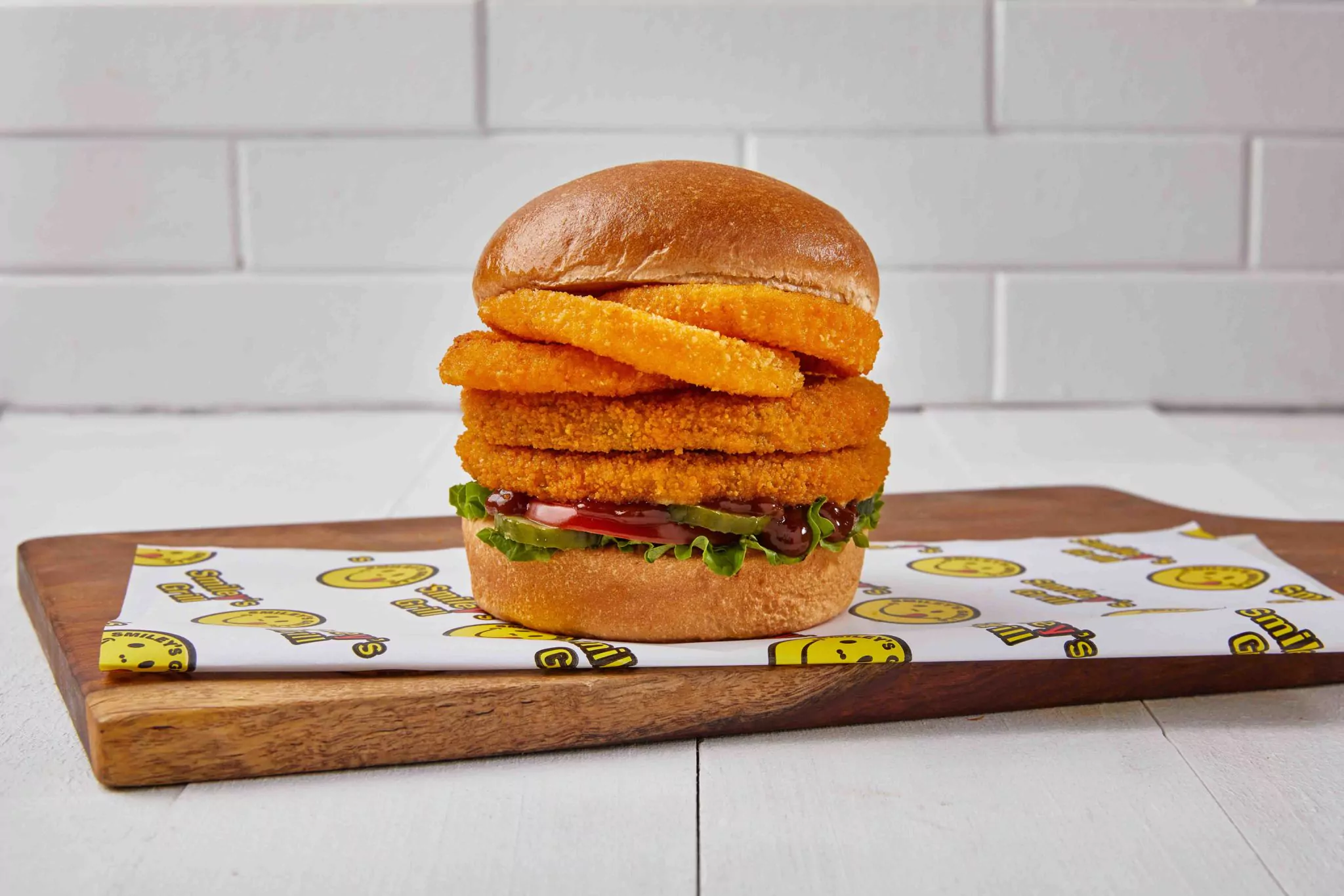 Double Veggie Burger with Onion Rings Double Veggie Burger with Onion Rings 1